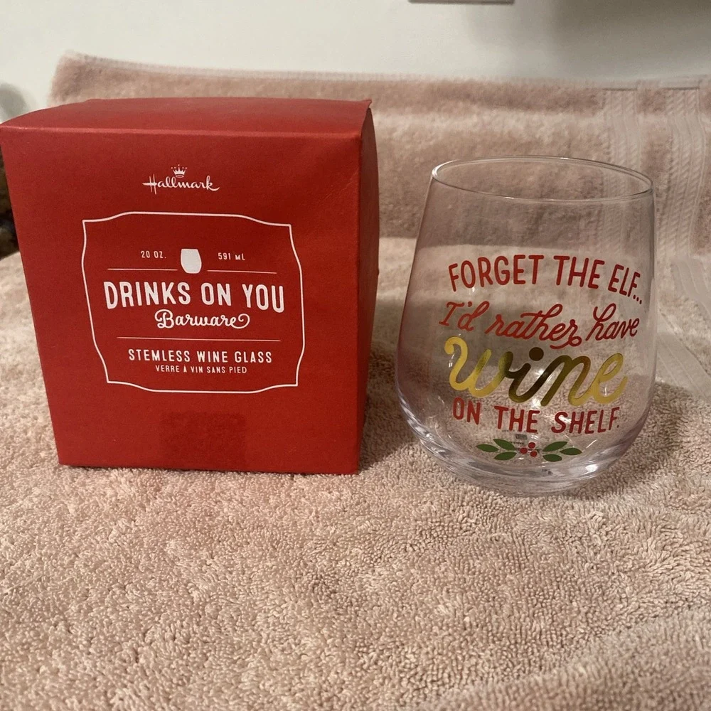 Festive Funny Hallmark Forget‎ The Elf Christmas stemless Wine Glass Tumbler NIB